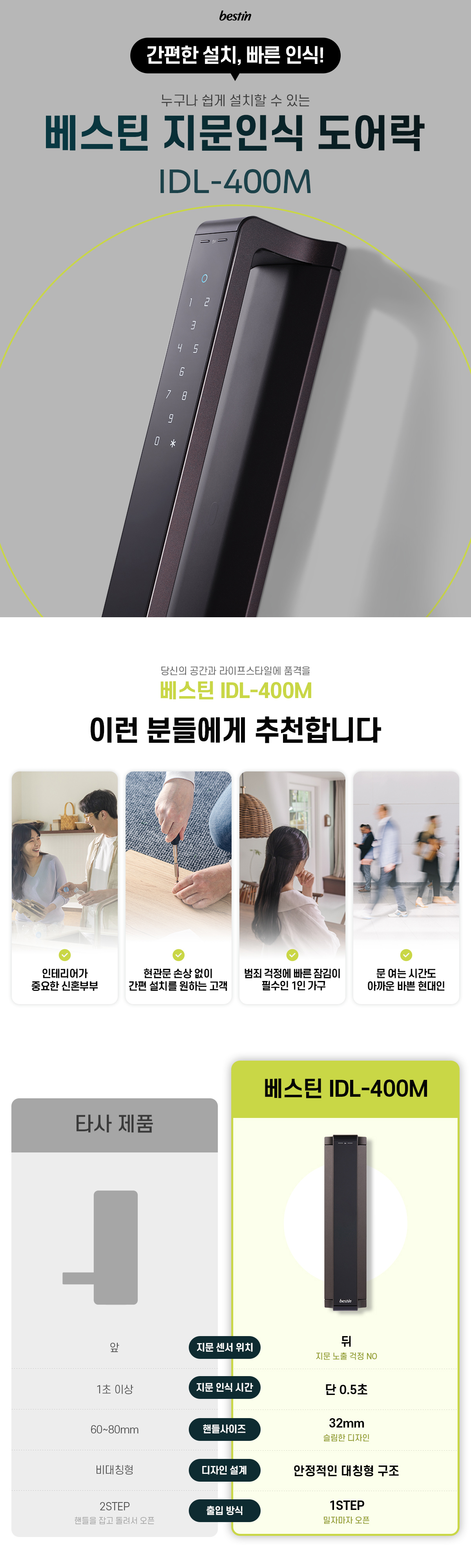 베스틴 핸들형푸시풀지문 IDL400M 3WAY(지문,비밀번호,카드) 